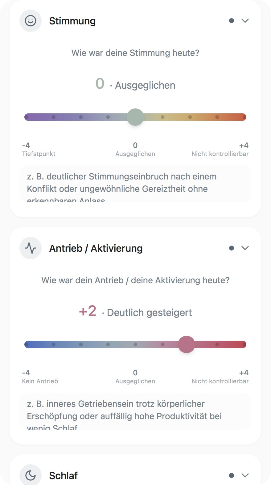 Eingabe beider Achsen mit Reglern von −4 bis +4, kurzen Beispiel-Hinweisen und Notizfeld je Achse.