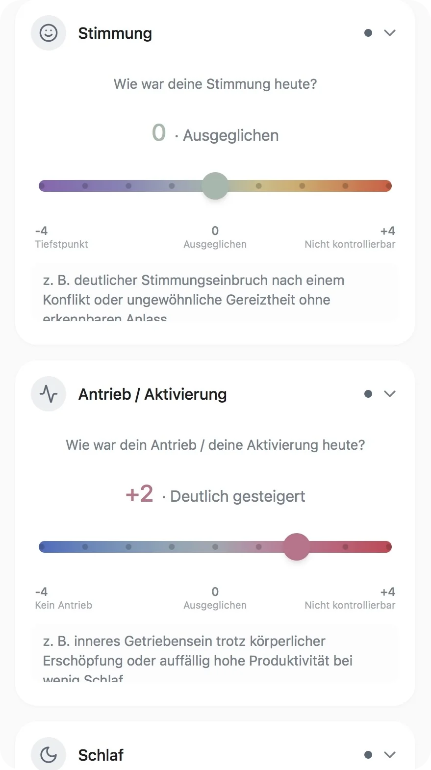 Entering mood and energy in the PHASE app: two separate sliders from −4 to +4 with a note field